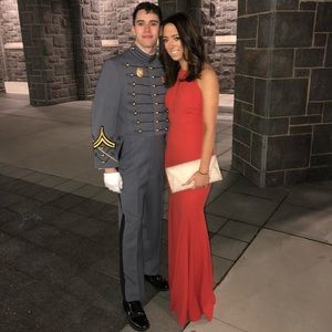 Floor length coral/orange occasion gown